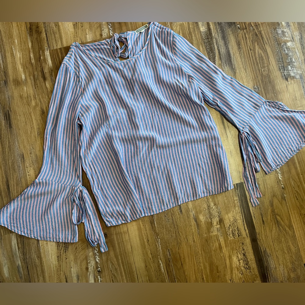 Pleione M Anthropologie Striped Bell Sleeve Women's Blouse Tie Back Shirt Top
